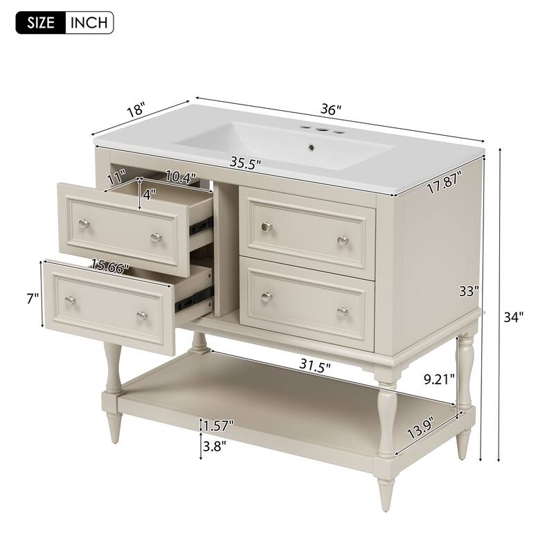 Bathroom Vanity with Ceramic Sink, Solid Wood Vanity Set with 4 Drawers, Bathroom Storage Cabinet with Open Shelf