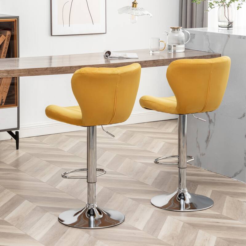 Set of 2 Adjustable Swivel Barstools with Upholstered Bucket Seats and Chrome Footrest.