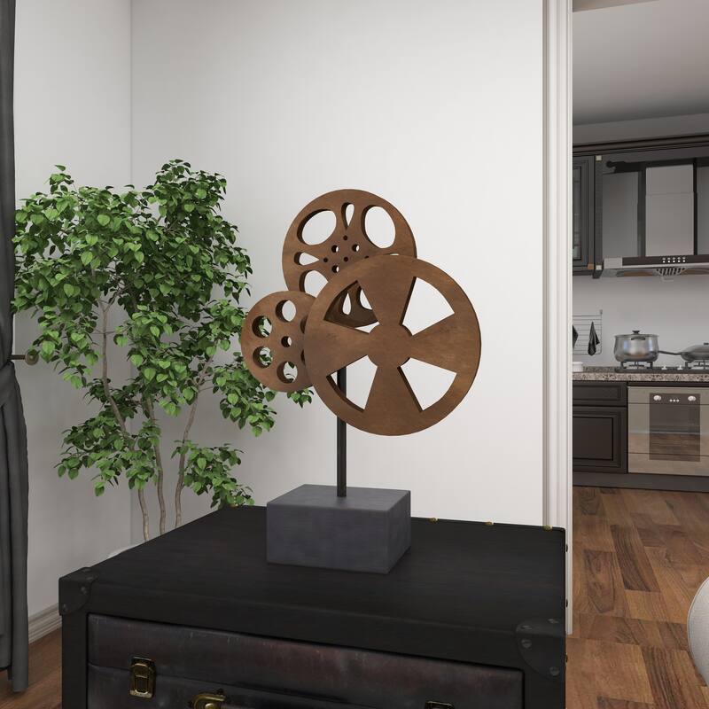 Metal Film Reel Decorative Sculpture with Elevated Block Base - Bronze - Roche River Decor