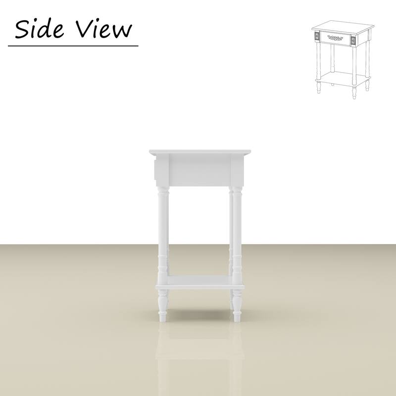 Vintage End Table with Drawer and Shelf, French Style Nightstand with Solid Wood Legs, White Accent Table