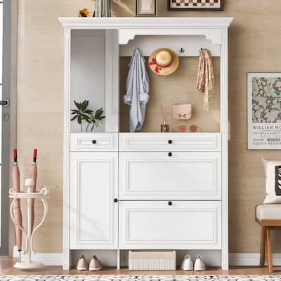 54.7'' Hall Tree with Integrated Shoe Cabinet and Mirrored Cabinet Door