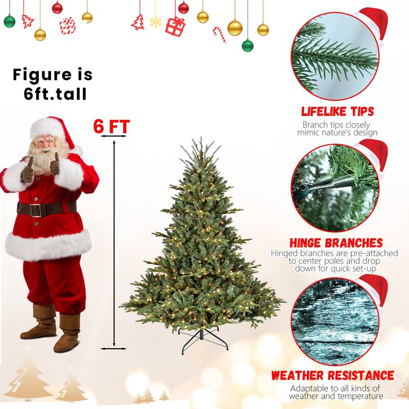 6FT Full-Shape Christmas Tree with 500 UL Lights-PE/PVC Mixed Branches,1763 Tips,Wide Base,Hinged Structure,Metal Stand