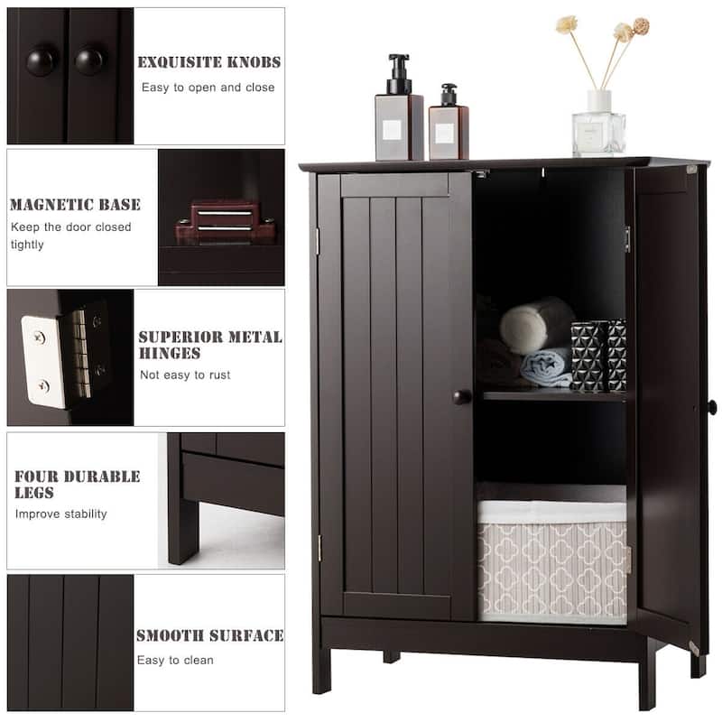 Gymax Bathroom Floor Storage Cabinet Double Door Kitchen Cupboard Shoe