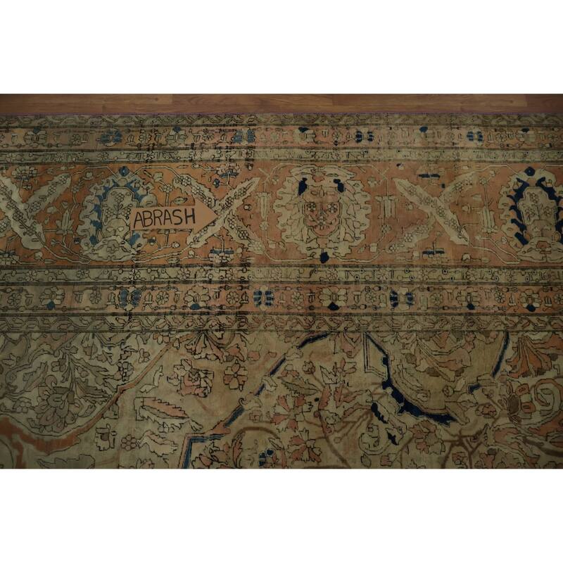 Hand Knotted Oriental 100% Wool Carpet Traditional Floral Beige & Ivories Kashan (Mohtasham) Area Rug - 16' 7'' X 12' 0''
