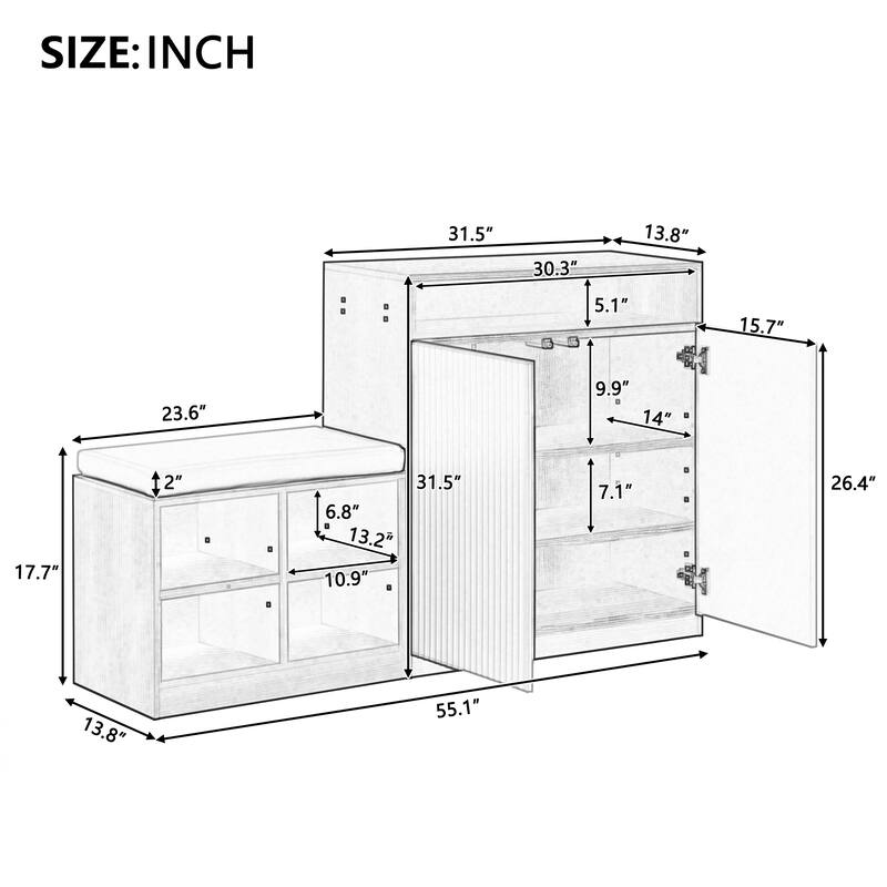 Roomfitters Cabinet with Shoe Bench, Entryway Storage with 4 Open Racks and Removable Cushion, Fluted Accent Organizer