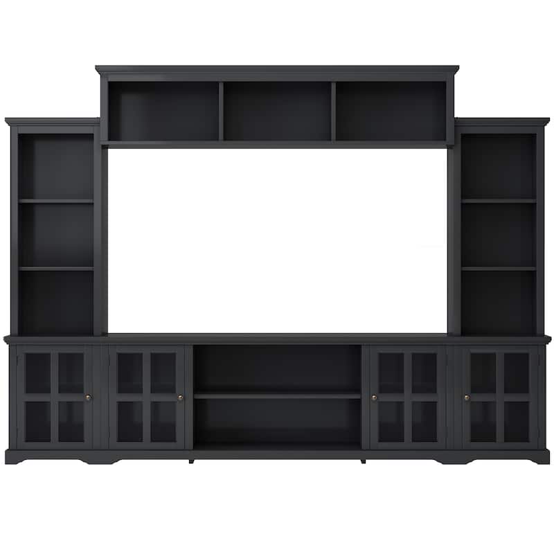 Roomfitters Minimalist Entertainment Wall Unit with Bridge, Modern TV Stand with Tempered Glass Door and Storage