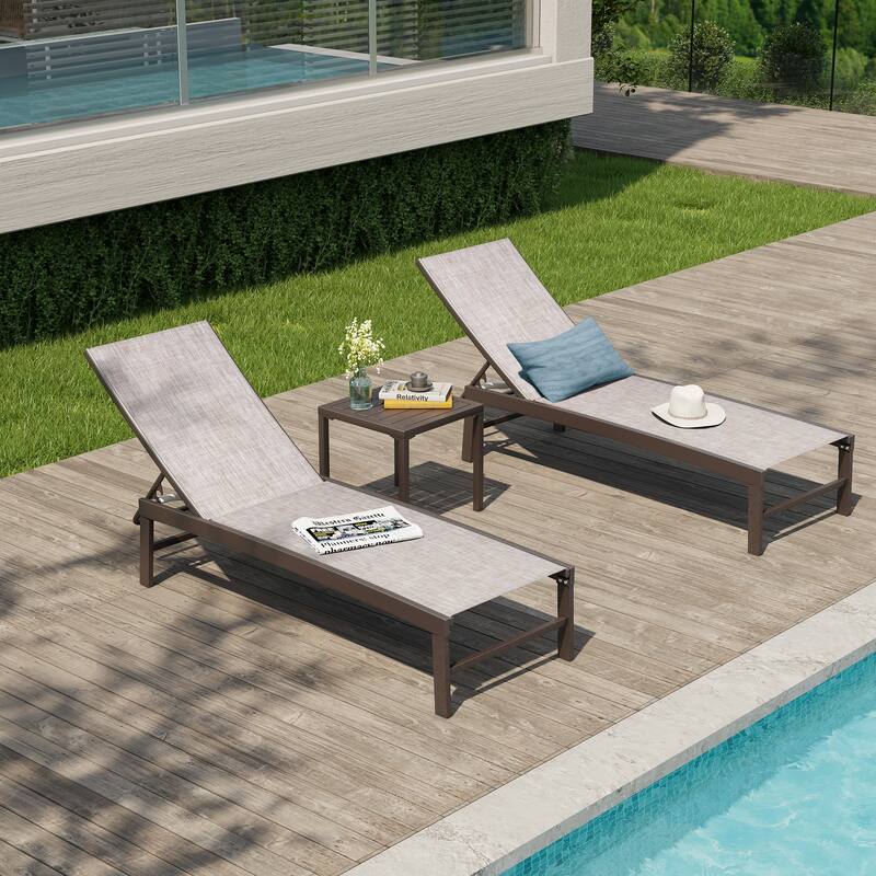 VredHom Outdoor Aluminum Adjustable Chaise Lounge Chairs and Side Table Set - 60.4 in L * 24.6 in W * 16.1/40.8 in H