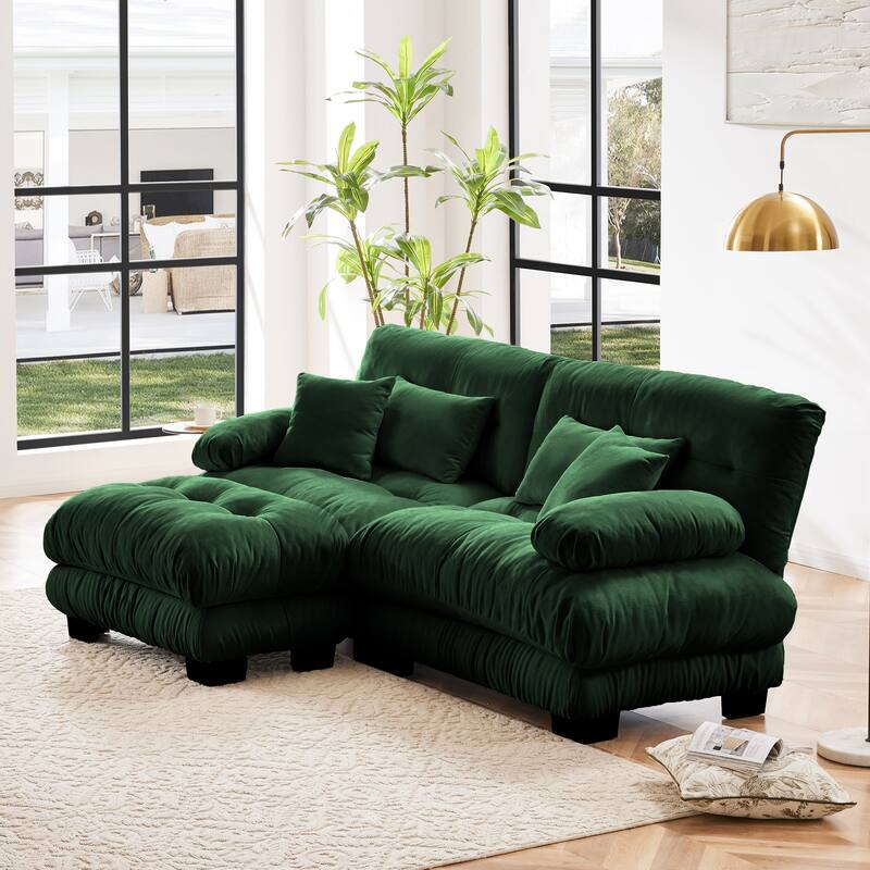 Rossetta Exquisite Stylish Design Chenille Cloud Look Couch Sectional Wide Arm Sofa with Convertible Ottoman and Pillows - Green