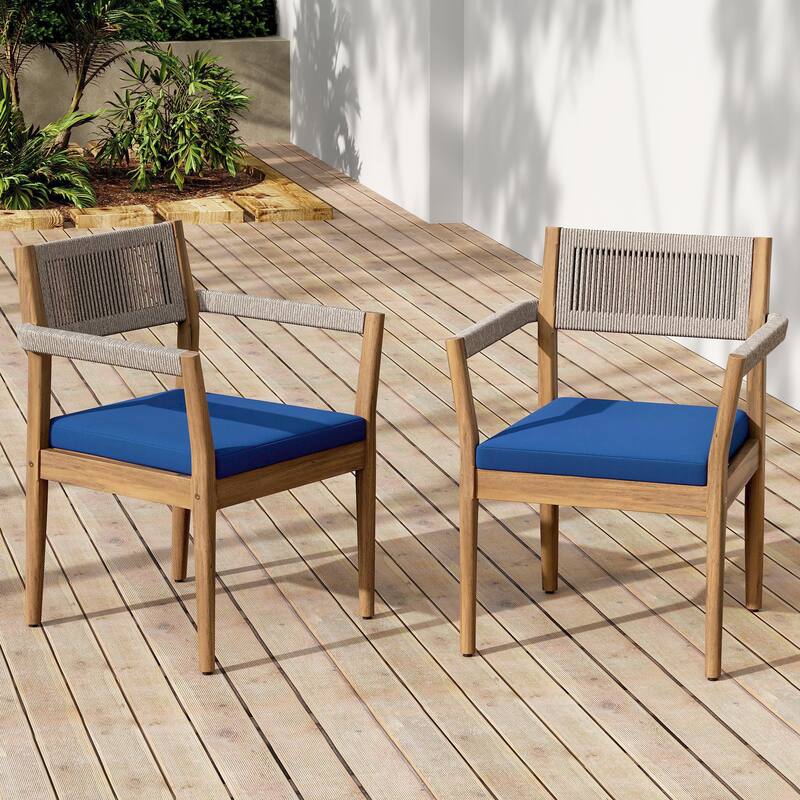 Roomfitters Outdoor Braided Acacia Wood Dining Chairs with Beige Rope Weave and Water-Resistant Cushions, Navy