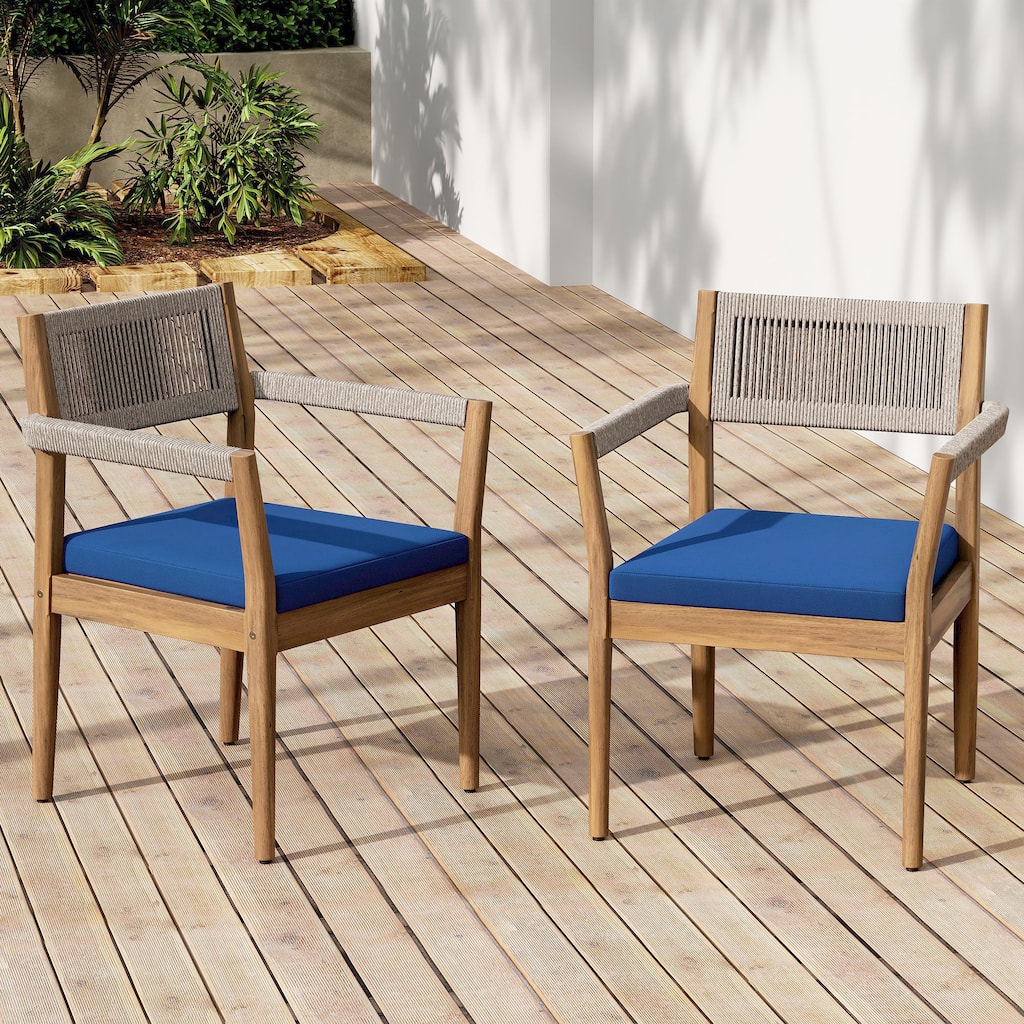 Roomfitters Outdoor Braided Acacia Wood Dining Chairs with Beige Rope Weave and Water-Resistant Cushions, Navy