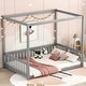 preview thumbnail 2 of 19, Full Size Pine Wood Canopy Frame Floor Bed with Fence & Guardrails for Kids Teens Adults, No Box Spring Needed