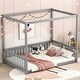 preview thumbnail 2 of 10, Wooden Sturdy Structure Full Size Canopy Bed Floor Bed with Fence,Guardrails