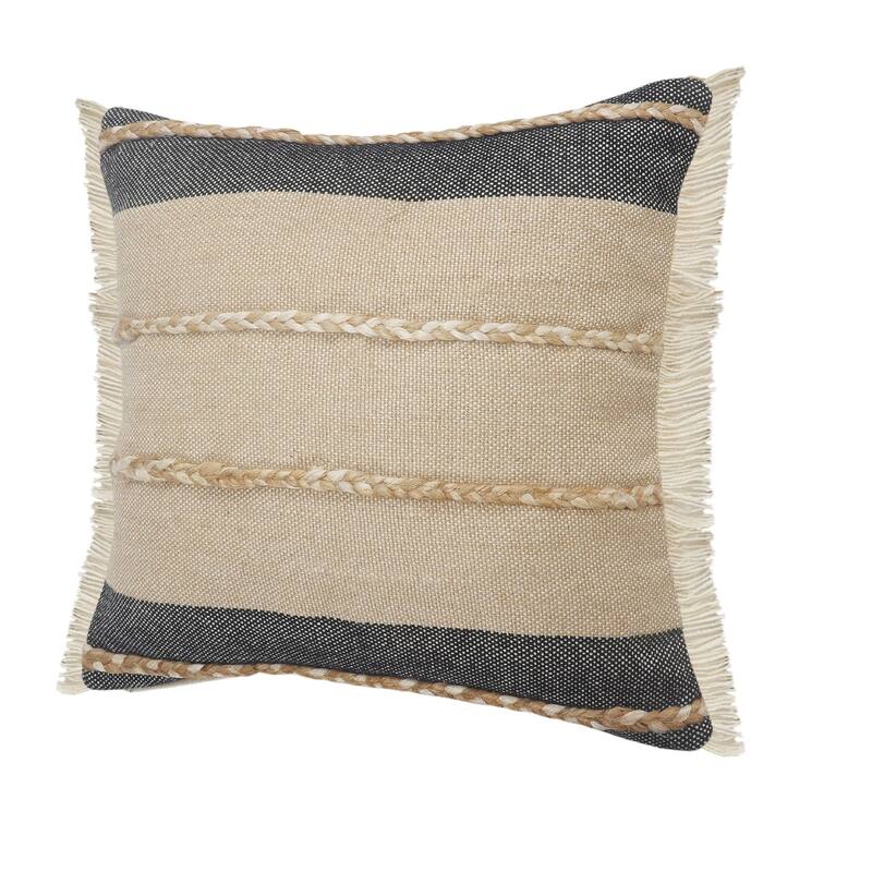 20" Black and Taupe Striped Square Throw Pillow with Jute Braiding