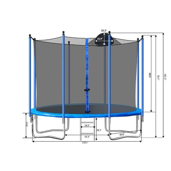 dimension image slide 0 of 2, 10FT trampoline with basketball hoop and 360-degree safety net