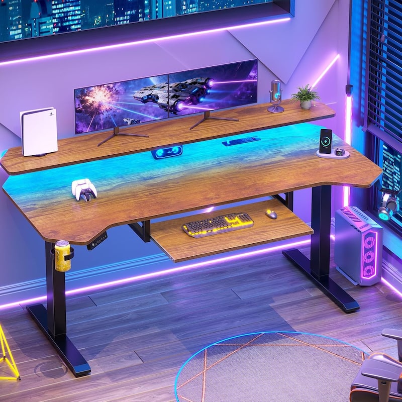 55" Standing Gaming Desk Long Computer Desk Power Strip Keyboard Tray - Brown