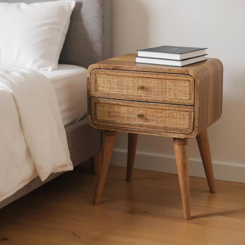 HomeRoots 22" Oak Solid Wood And Cane Rattan Two Drawer Nightstand - Oak - 2-drawer
