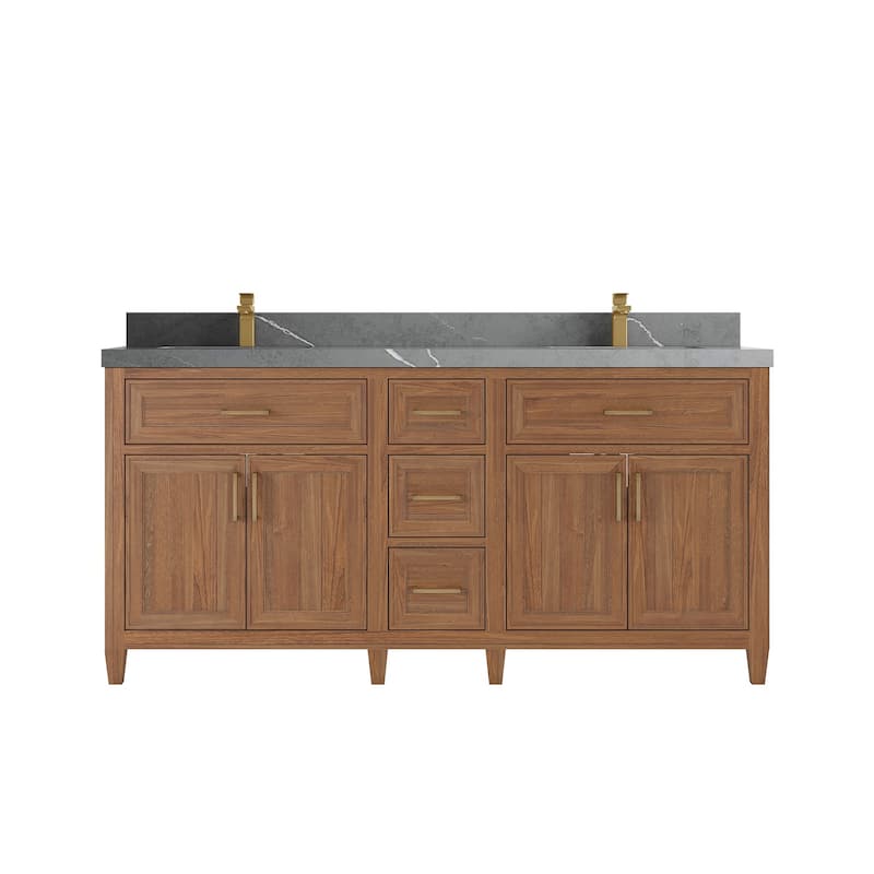Willow Collections 72 in. W x 22 in. D Santa Monica Teak Double Sink Bathroom Vanity with Countertop - 2”Piatra Gray - Dark Natural