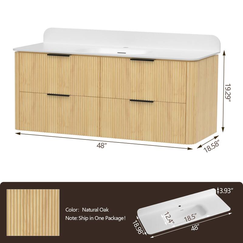 48" Floating Bathroom Vanity with Integrated countertop Rectangulare Sink Solid Wood - 48 inch