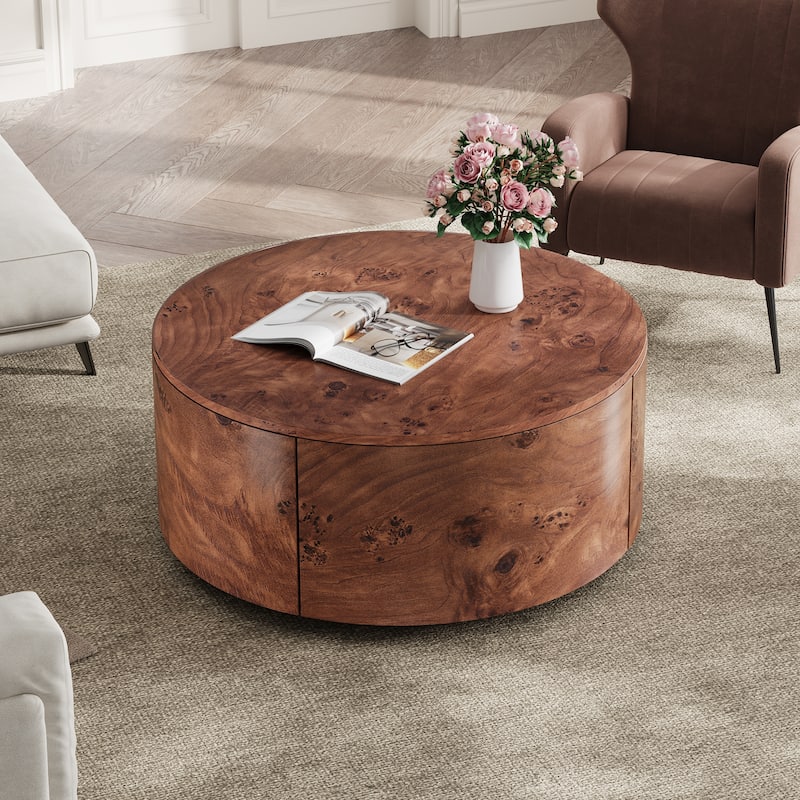 Rotating Coffee Table with Drawers, Rustic Wood Table with 360掳 Swivel Top & 2 Hidden Storage, Modern Walnut Accent Table