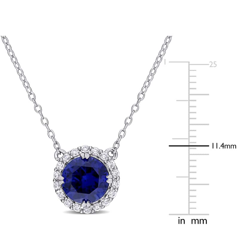 Miadora Sterling Silver Created Blue and White Sapphire Halo Stationed Birthstone Necklace - 11.4 mm x 18 inch x 11.1 mm