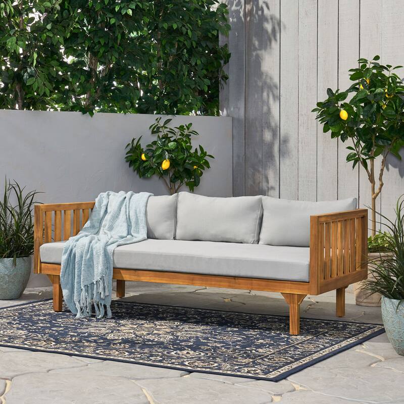 Acacia Wood 3 Seater Daybed Slat Panel Design Water Resistant Cushions
