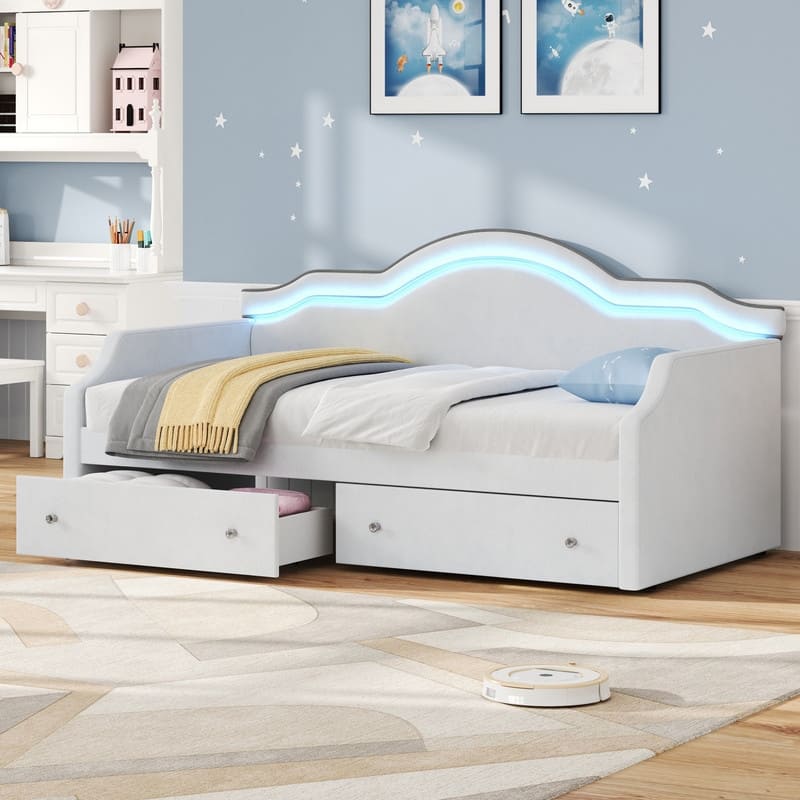 Twin Size Upholstered Daybed with LED and 2 Drawers - Beige