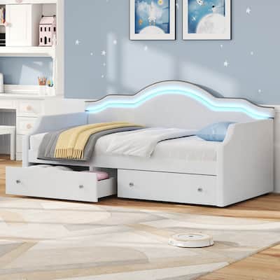 Twin Size Upholstered Daybed with LED and 2 Drawers