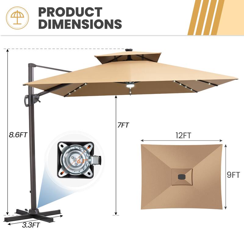 11 FT Square Outdoor Premium Double Top Solar Powered LED Patio Cantilever Umbrella