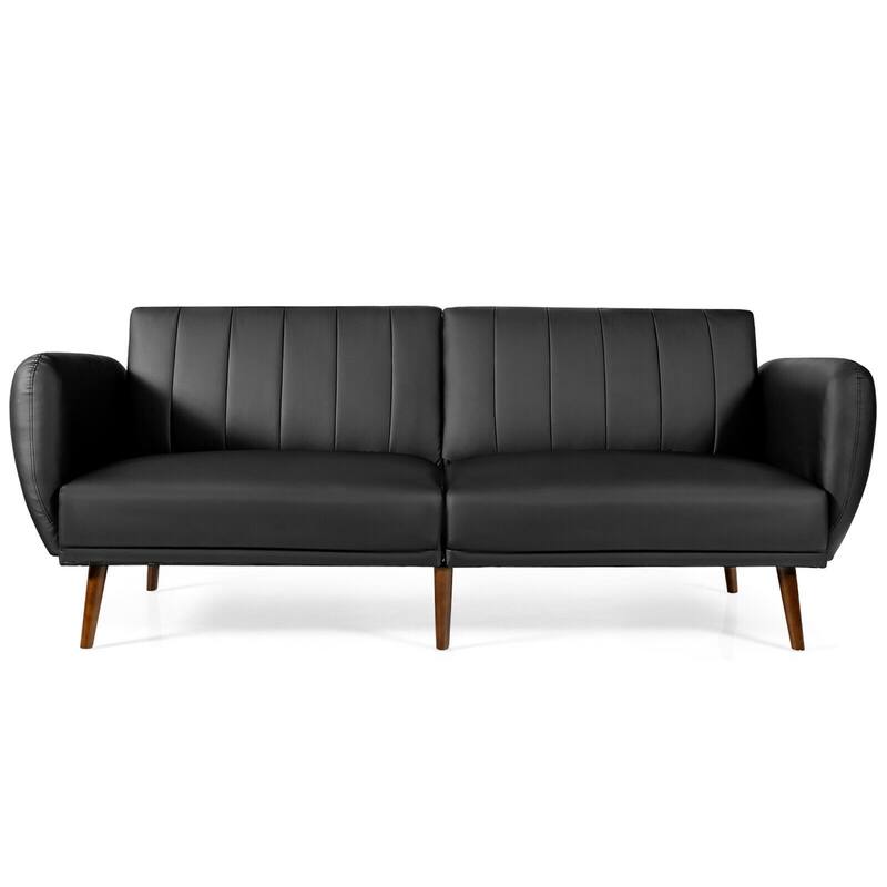 Gymax Convertible Futon Sofa Bed PU Adjustable Couch Sleeper w/Wood - Black