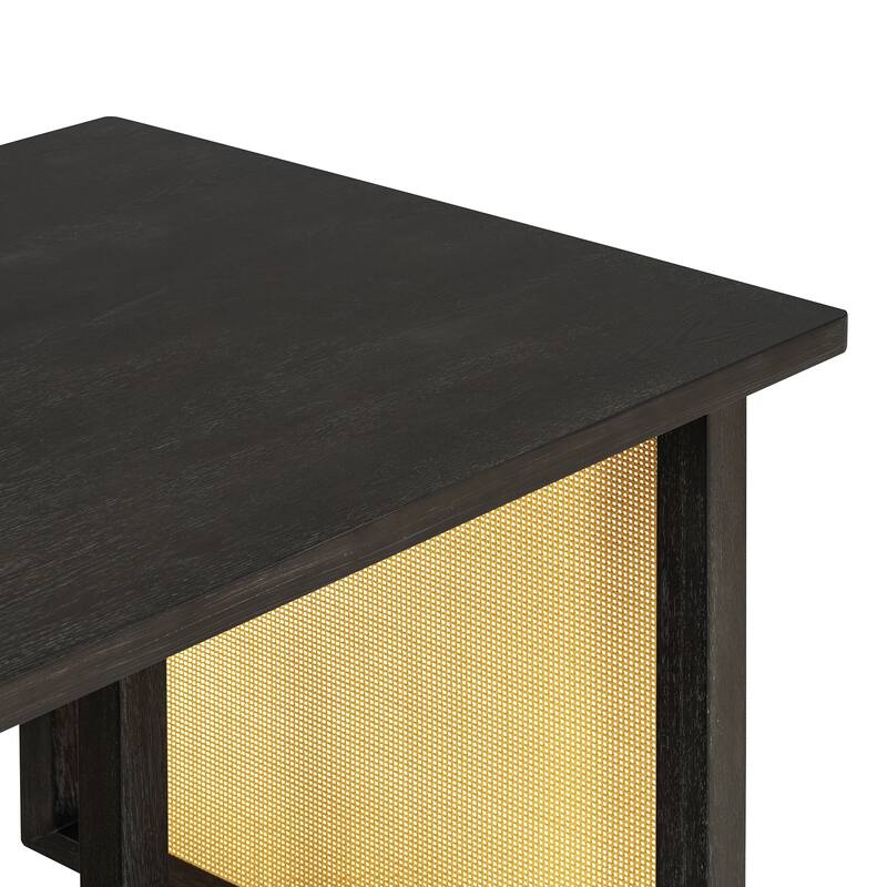 7-Piece Farmhouse Dining Table Set with Distressed Oak Veneer and Upholstered Rattan Chairs for Gatherings