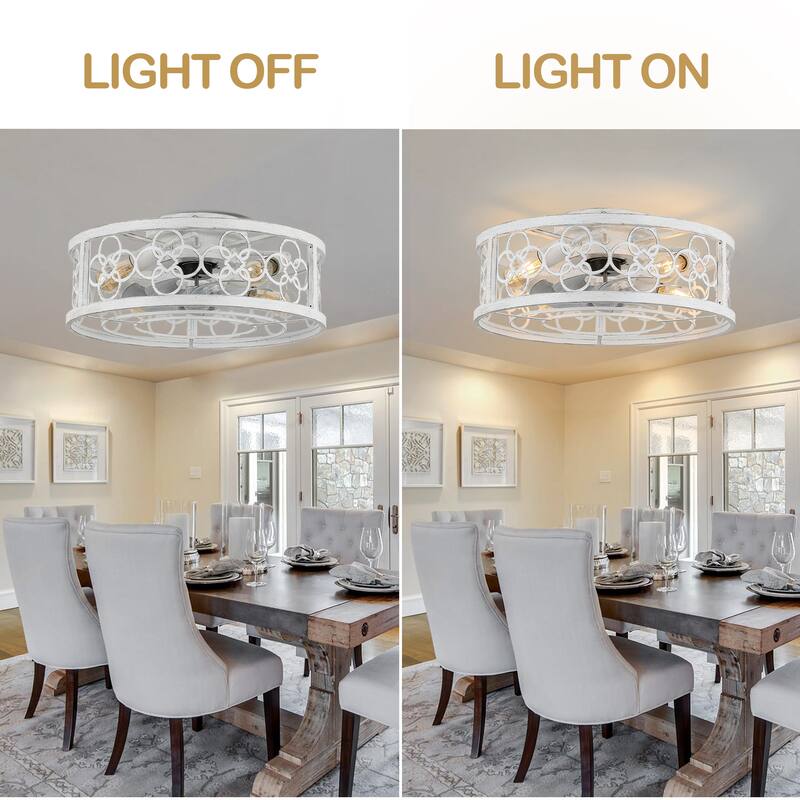 20" Flush Mount Caged Ceiling Fan with Light and Remote, Distressed White Metal 3-Speed Reversible Dc Motor
