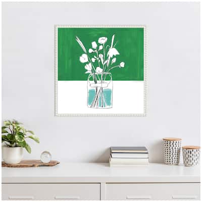 Kate and Laurel Sylvie Minimalist Floral Vase with Green Framed Canvas by Teju Reval