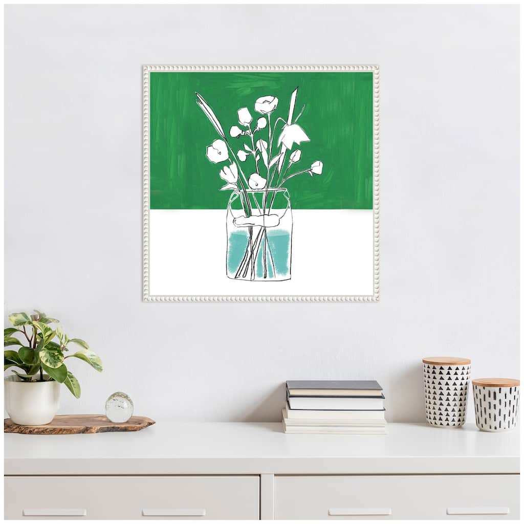 Kate and Laurel Sylvie Minimalist Floral Vase with Green Framed Canvas by Teju Reval