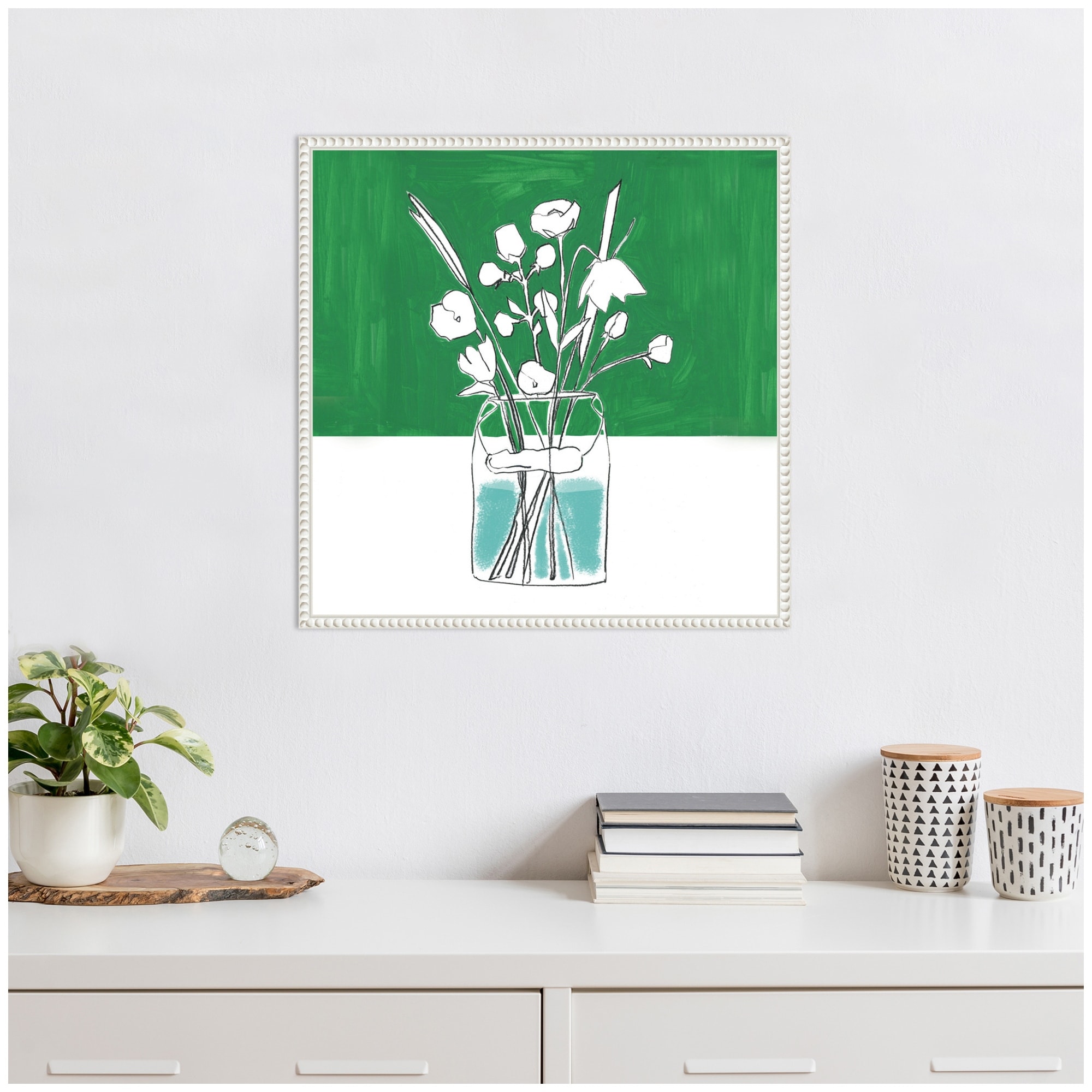 Kate and Laurel Sylvie Minimalist Floral Vase with Green Framed Canvas by Teju Reval