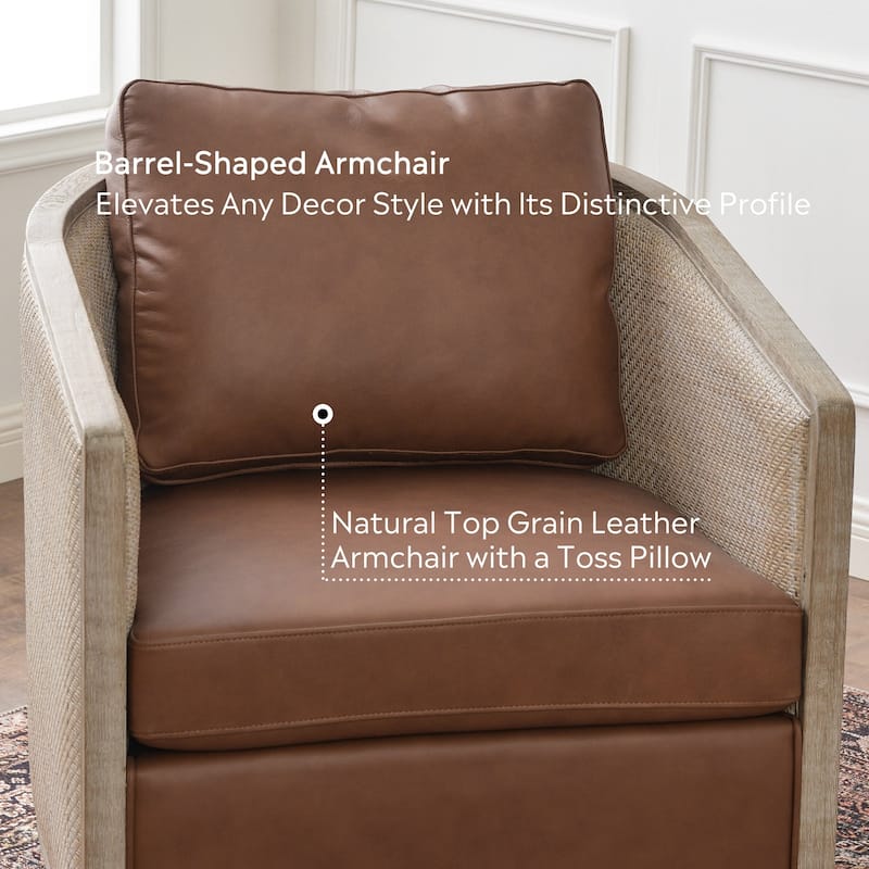 KINWELL 31"W Oak Frame Upholstered Swivel Barrel Armchair