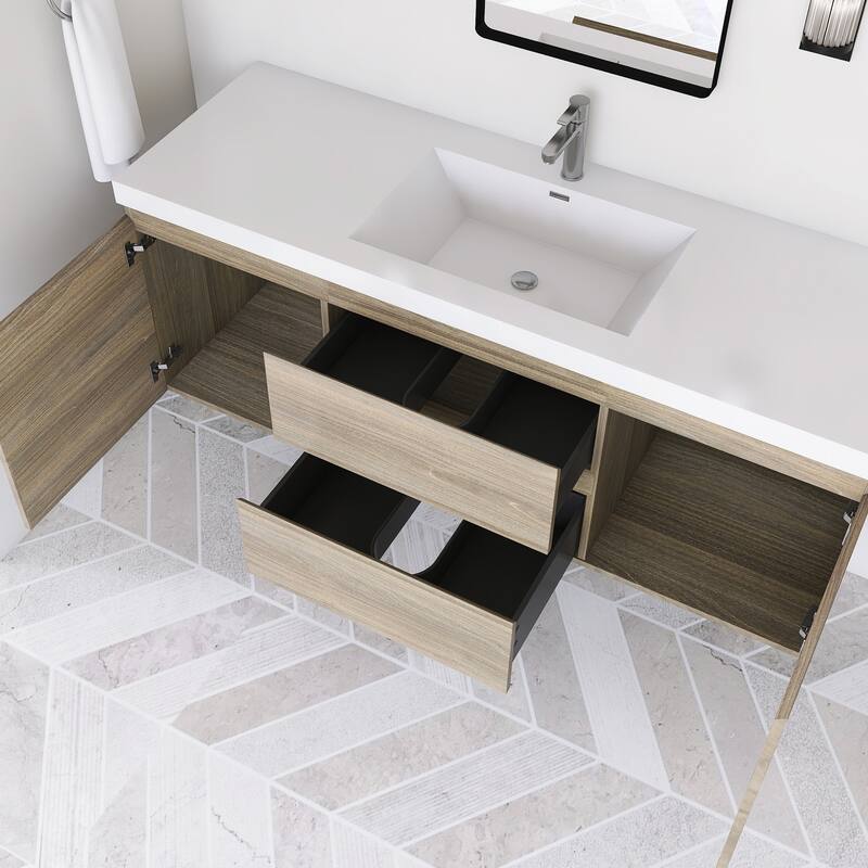 Modern Wall-Mounted Bathroom Vanity with White Solid Surface Top