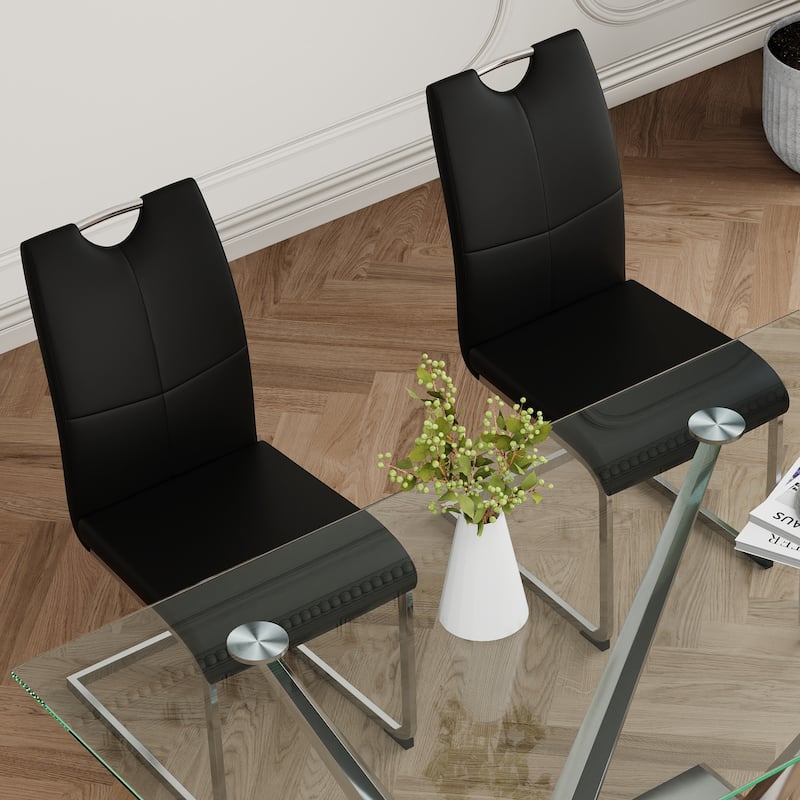 63" Glass Dining Table Set for 4, 5 Piece Dining Table and Chairs Set, Rectangular Table with 4 Faux Leather Chairs & Metal Legs