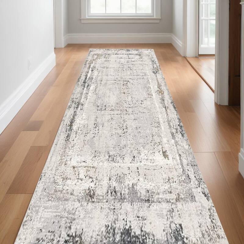 HomeRoots 20' Gray and Ivory Abstract Distressed Runner Rug - 20' Runner - Gray and Ivory - 20' Runner - Runner
