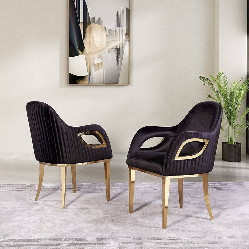 Armchairs Velvet Upholstered Side Chairs with Fox-EyeArmrests and Mirror Stainless Steel Legs - Black
