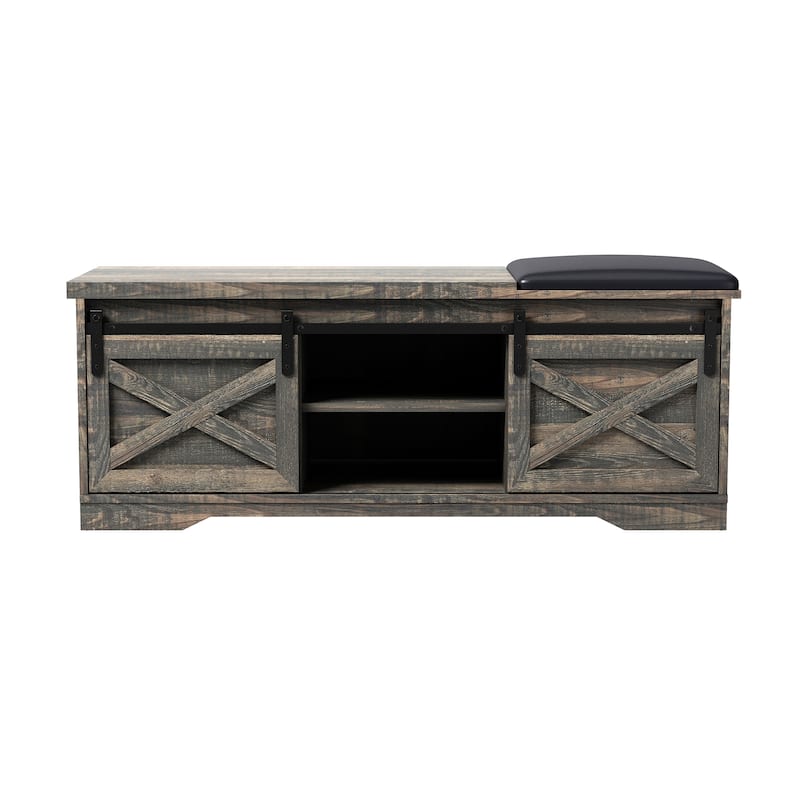HomeRoots 47" Dark Brown Faux Leather Upholstered Storage Bench with Shelves - 47.24 in. x 17.72 in. x 15.35 in.