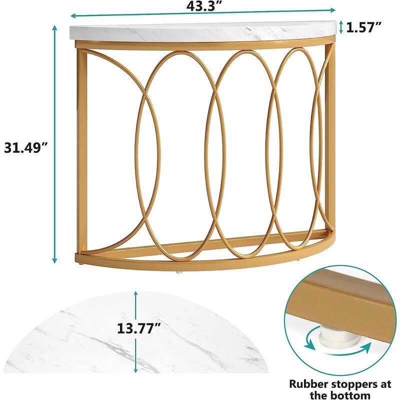 Half Moon Gold Console Table, 43 Inch Modern Faux Marble Entryway Table
