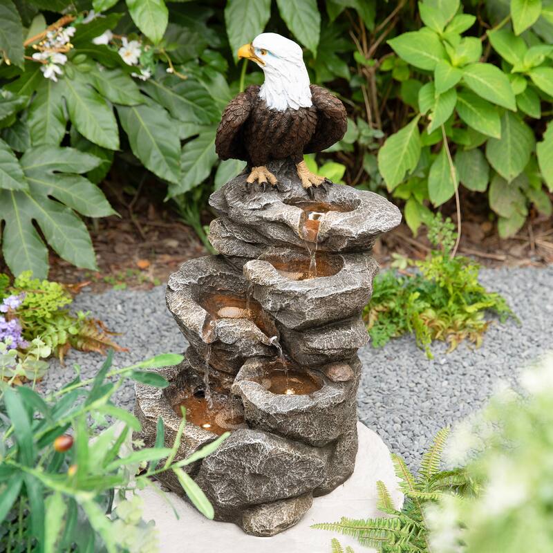 Glitzhome 25.25"H 4-Tiered Polyresin Eagel Stone Outdoor Fountain with Lights