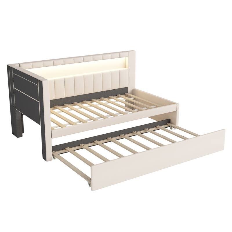 Twin Size Upholstered Platform Bed with USB Ports, LED Lighting, and Trundle, White