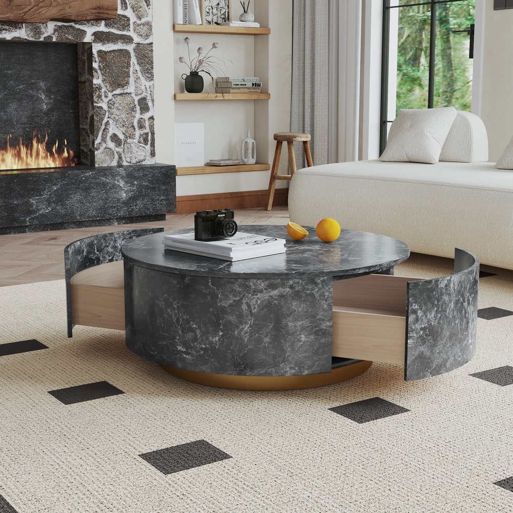 33.5 in Round Marble Top Modern Minimalist Coffee Table with Drawers
