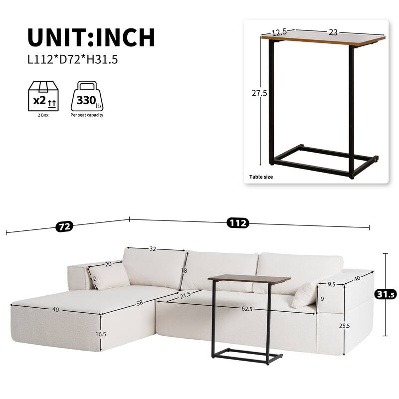 Modular Sectional Sofa with Side Table, Upholstered Cloud Sofa with L-Shaped Chaise Lounge, Full-Compressed Deep Seat Sofa - Beige