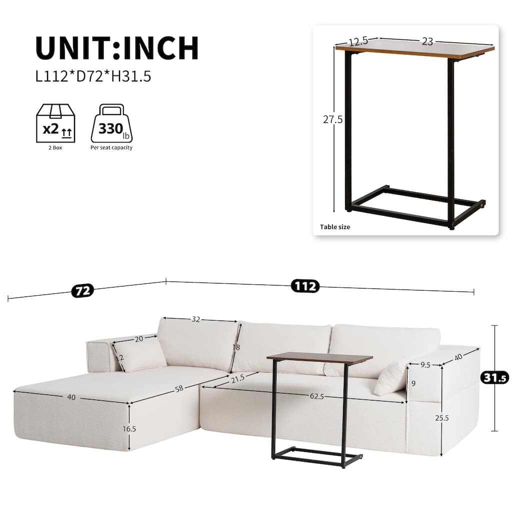 Modular Sectional Sofa with Side Table, Upholstered Cloud Sofa with L-Shaped Chaise Lounge, Full-Compressed Deep Seat Sofa