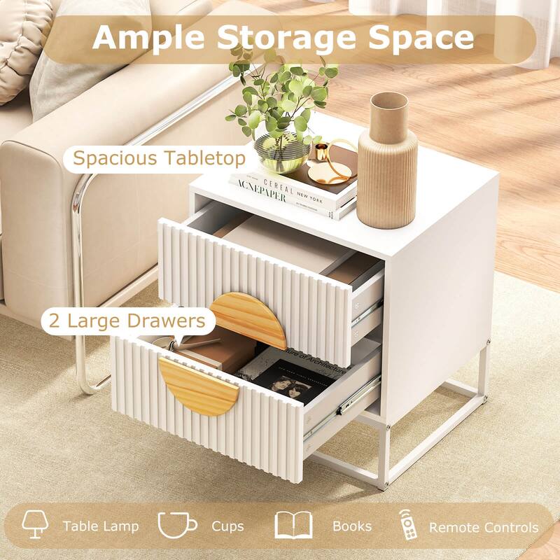 Costway 1/2 PCS Fluted Nightstand with 2 Drawers with Pine Wood