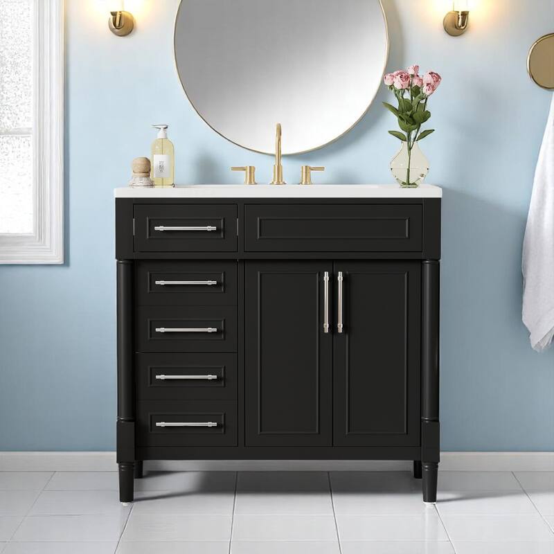 36'' Black Bathroom Vanity with Resin Basin, 2 Drawers, Tip-Out Drawer and Height Adjustable Shelf, Modern Design - Black
