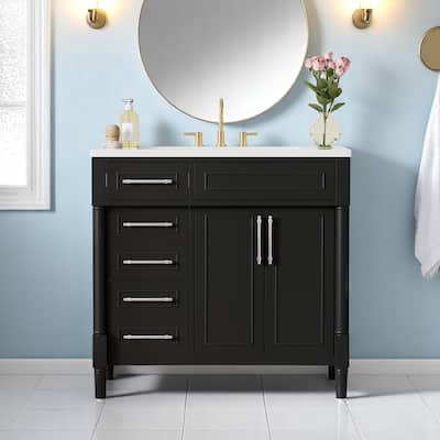 36'' Black Bathroom Vanity with Resin Basin, 2 Drawers, Tip-Out Drawer and Height Adjustable Shelf, Modern Design