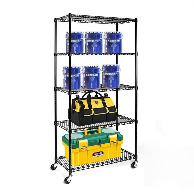 5-Tier Wire Shelving Rack 35.43" x 17.72" x 70.87" Includes Wheels NSF Black